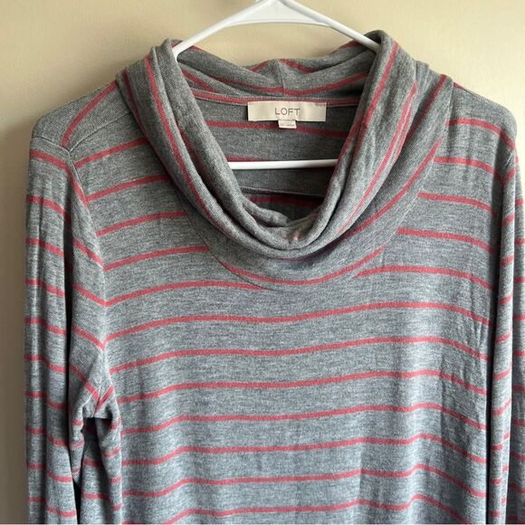 Loft Gray Striped Cowlneck Tunic Pullover Lightweight Sweater - Picture 3 of 5
